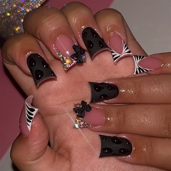 French Tip Fake Nails Glues ons Nails Bows Rhinestones Design Acrylic Nails 24Pcs False Nails