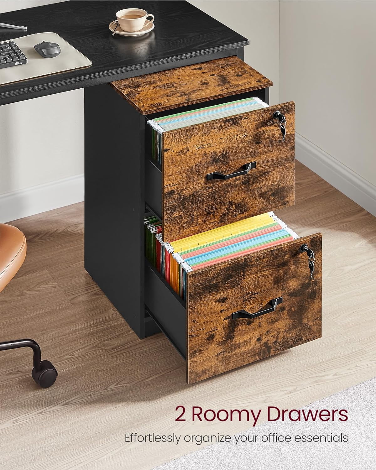 VASAGLE 2-Drawer Vertical File Cabinet Filing Cabinet Printer Stand Adjustable Hanging Rail for A4 and Letter-Size Files Rustic Brown