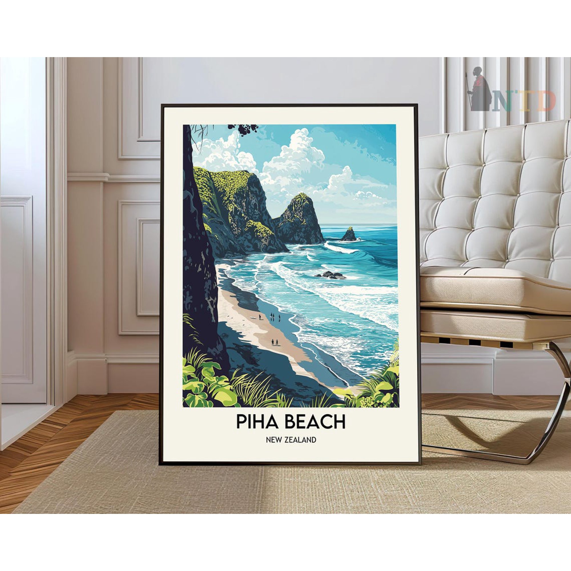 Piha Beach New Zealand Poster, Auckland Coastal Landscape Wall Art