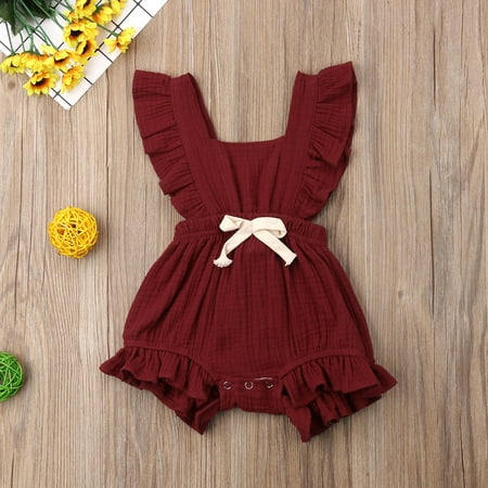 - Infant Baby Girls Bodysuit Sleeveless Ruffles Romper Sunsuit Outfit Plain Basic Backless Playsuit Summer Clothes