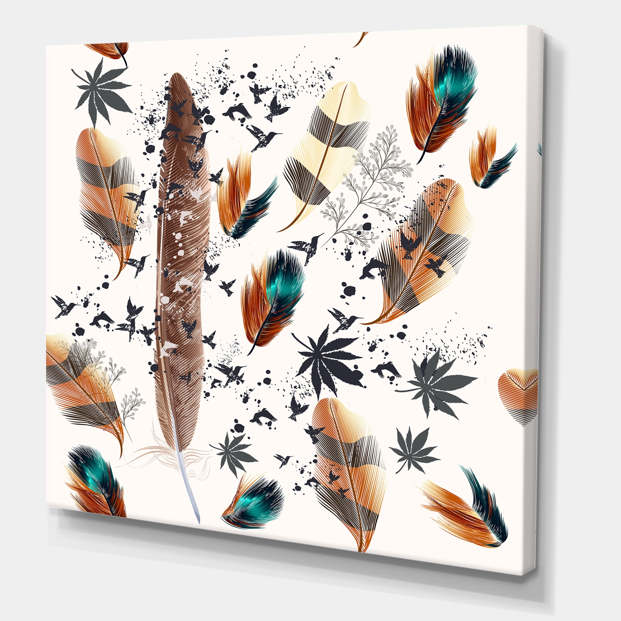 Designart ' Multicolored Feather Pattern With Floral ' Bohemian & Eclectic Canvas Wall Art Print