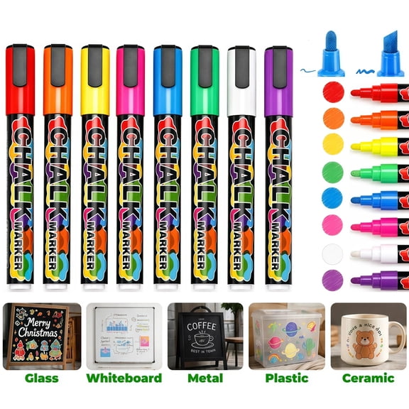 Chalk Markers, 8 Vibrant Dry Erase Markers Fine Tip,Liquid Chalk Markers for Blackboard,Windows, Glass, Chalkboard Markers with Reversible Tip,Whiteboard Markers Window Markers Erasable Pens