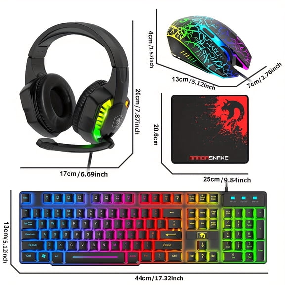 Full Bundle Wired Gaming Keyboard, Mouse, Headset & Mouse Pad Compatible for PC, Xbox, PS4 - RGB/RAINBOW LED Backlit Keyboard,, Low-Voltage Operation, Compatible with PC Gamers and Console Systems