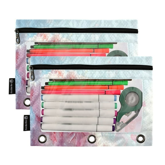 Ckdifva Pink Bears Hearts Pencil Pouch 3 Ring Zipper Pencil Case Binder Pockets Clear Top Cosmetic Bag 2 Pack