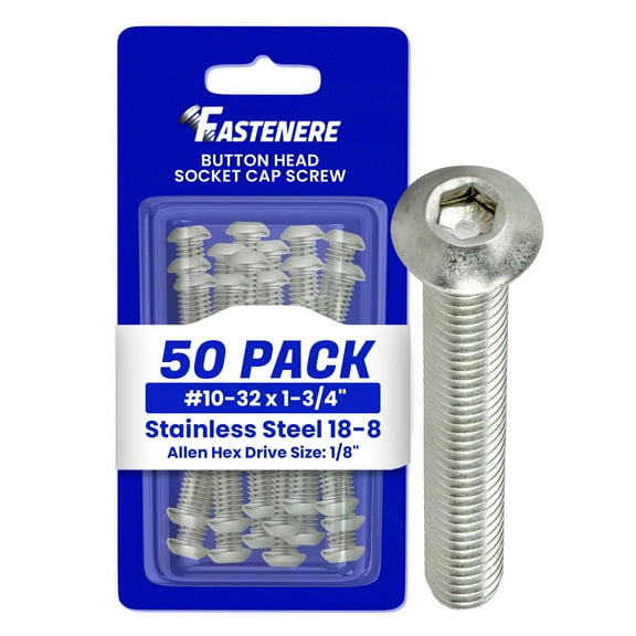 Fastenere Button Head Socket Cap Screws - 10-32 x 1-3/4" (50 Pack) Stainless Steel 18-8, Full Thread, Bright Plain Finish, Corrosion-Resistant, Machine Thread, Easy to Install w/ Allen Socket Drive