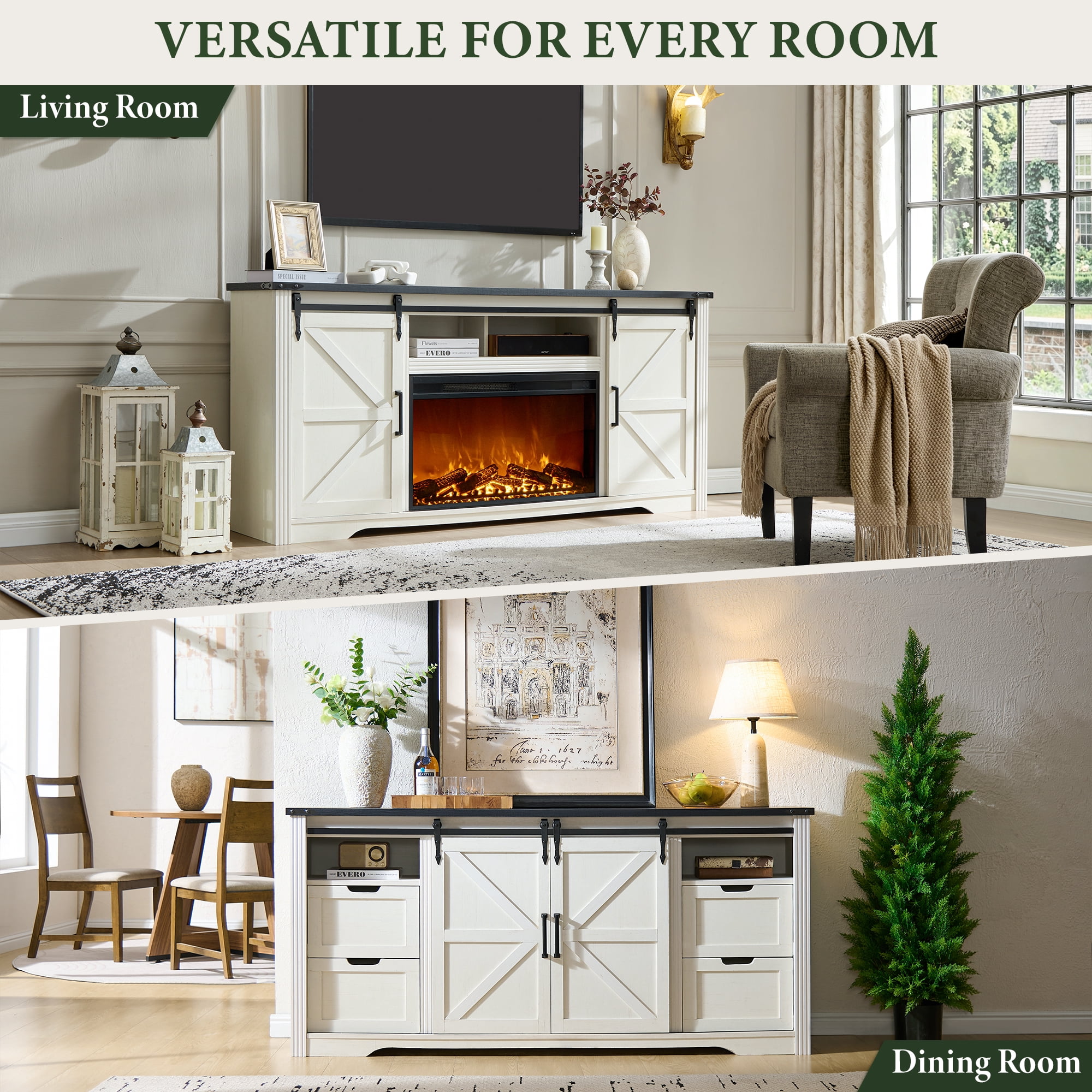 IFMUST Farmhouse Fireplace TV Stand for TVs up to 80", 30" Electric Fireplace & Barn Door