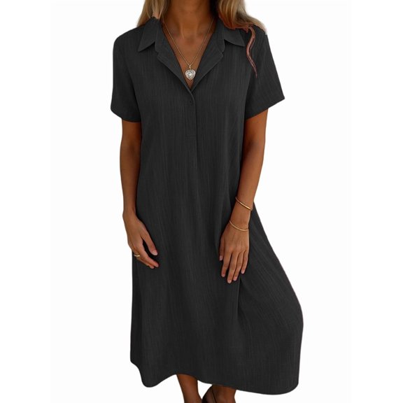 Women's V Neck Short Sleeve Elegant Shirt Dress for Summer Casual Beach Black S
