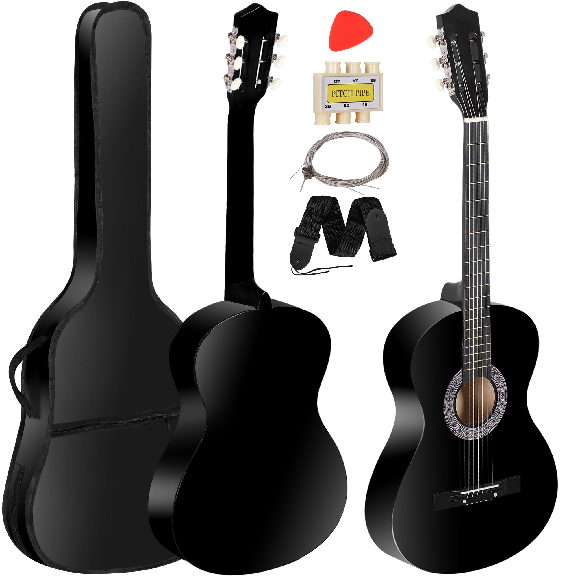 SuperDeal 38-Inch Round Shoulder Acoustic Guitar Kit 6 Strings Full Size Classic Beginners Children Adults All-Solid Wood with Carrying Case, Strap, Tuner and Pick, Black