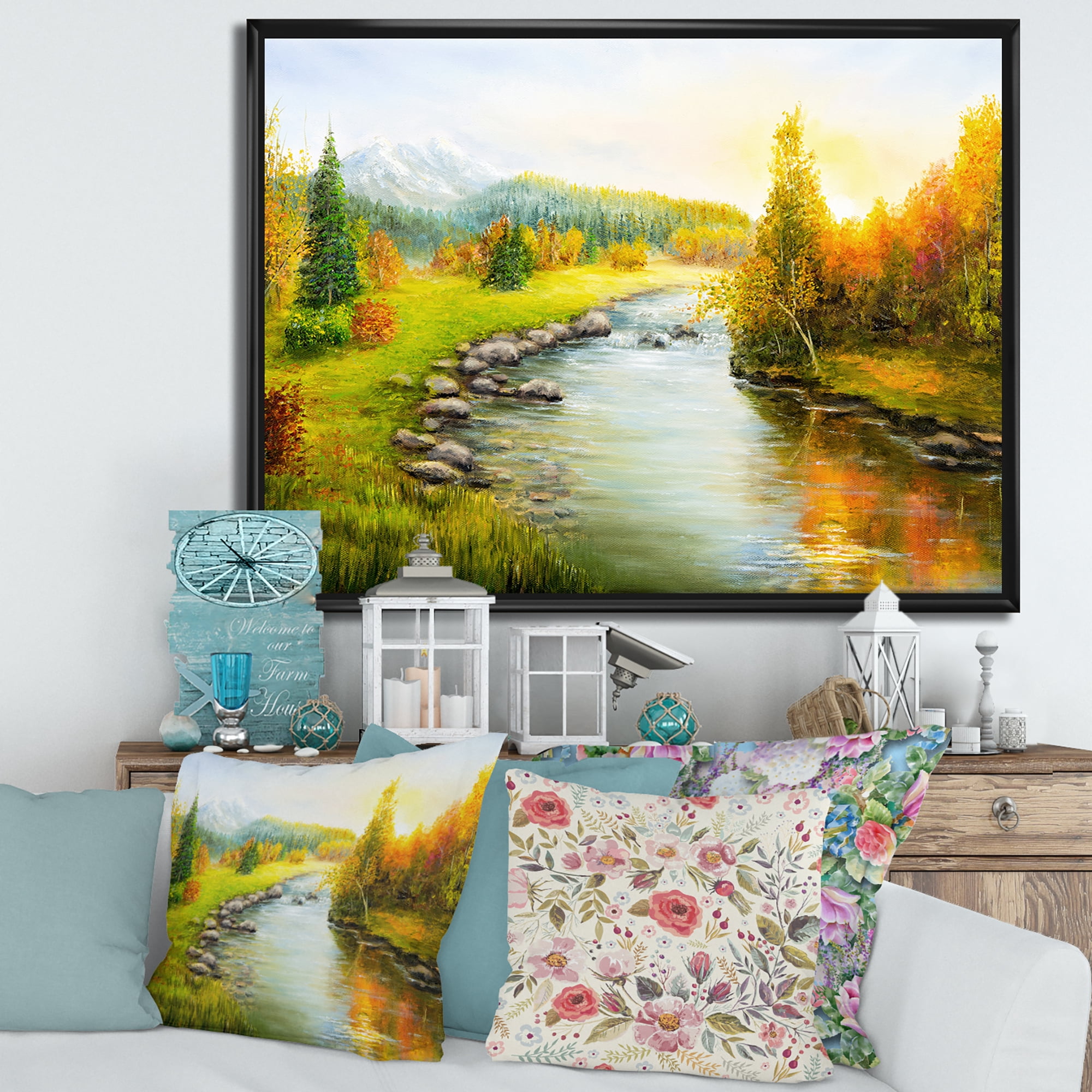 Designart 'Autumn Landscape With Forest River and Mountains' Lake House Framed Canvas Wall Art Print