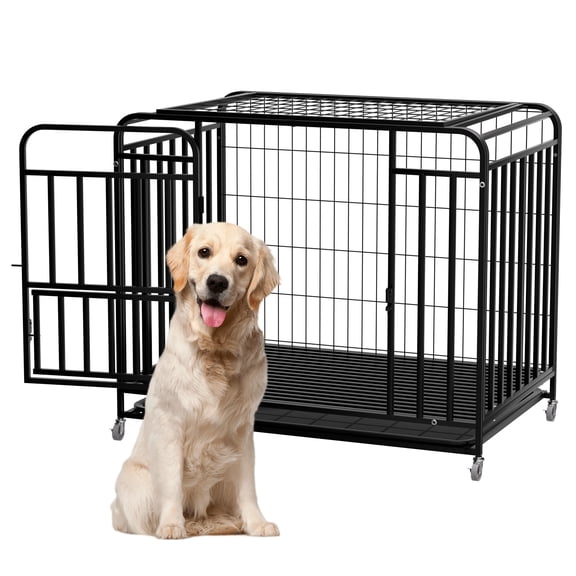 38 Inch Dog Crate for Training & Travel, Heavy Duty Metal Dog Kennel with Lockable Wheels, Portable Indoor Dog Cage for Medium Large Dogs