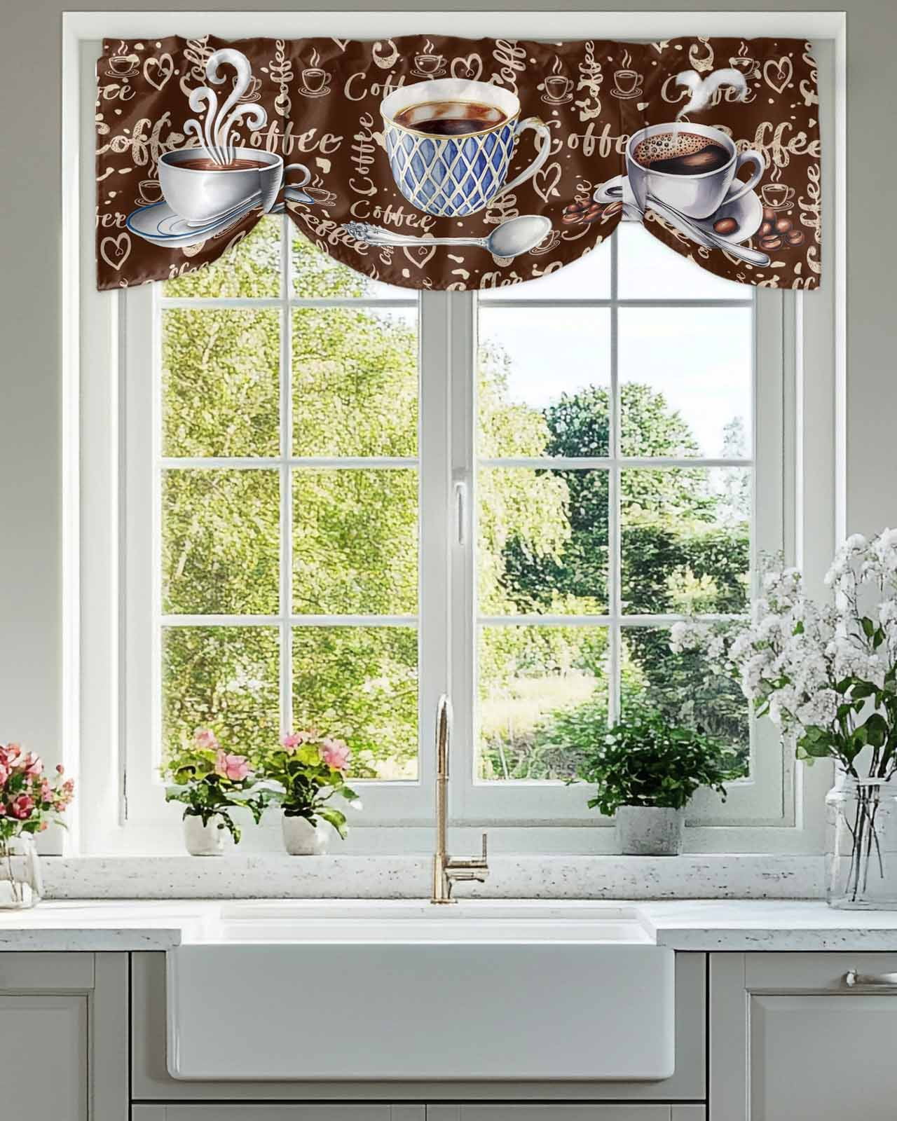 Coffee Latte Beans Tie Up Valances Curtain, Adjustable Kitchen Sugar Retro Brown Valances for Windows Decor, Rod Pocket Short Curtains Set for Bedroom/Bathroom, 54"x18"