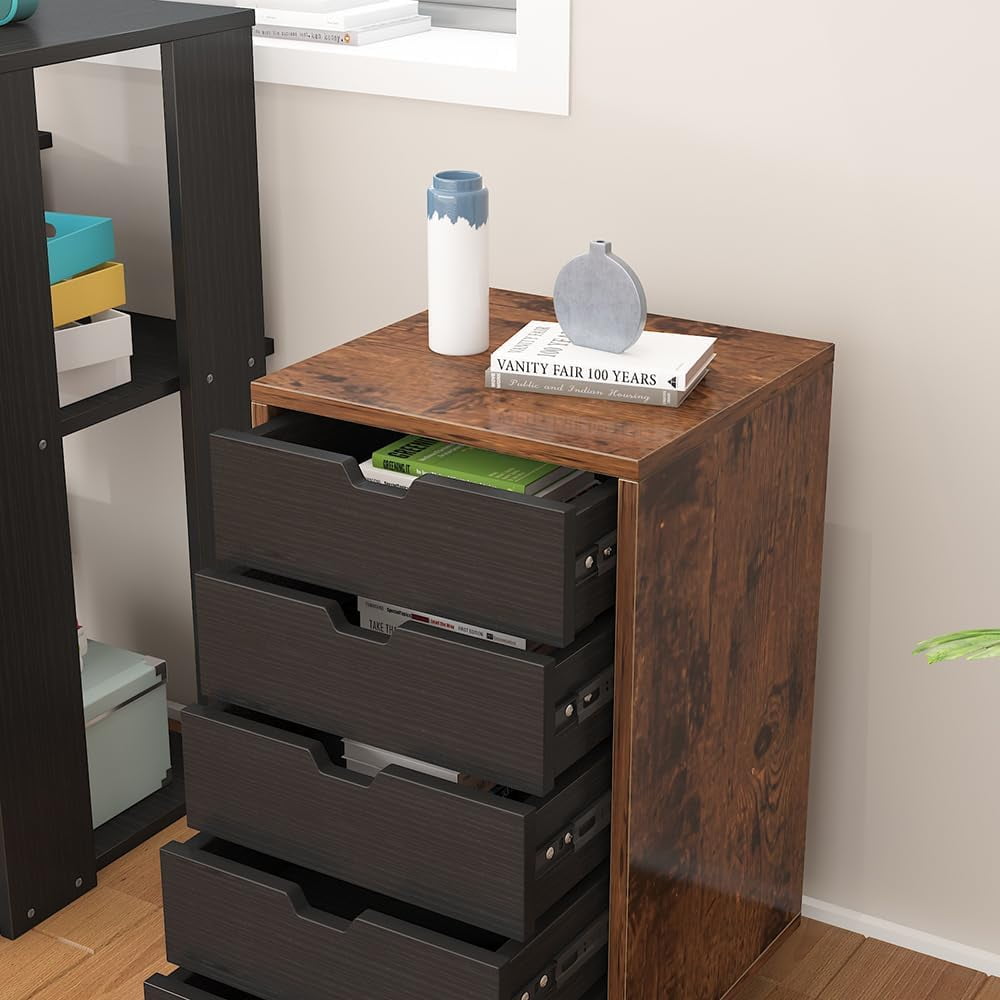 5-Drawer File Cabinet, Wooden Storage Cabinet with Wheels, Dresser Chest of Drawers, Filing Cabinets for Home Office, Rustic Brown