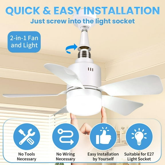GHRTGR-Socket Fan Light with Remote, 17.7 in Ceiling Fans with Lights, 4 Speed Socket Ceiling Fan with Light, 3000-6500K Light Bulb Fan for Bedroom, Screw in Ceiling Fan for E26/27 Base