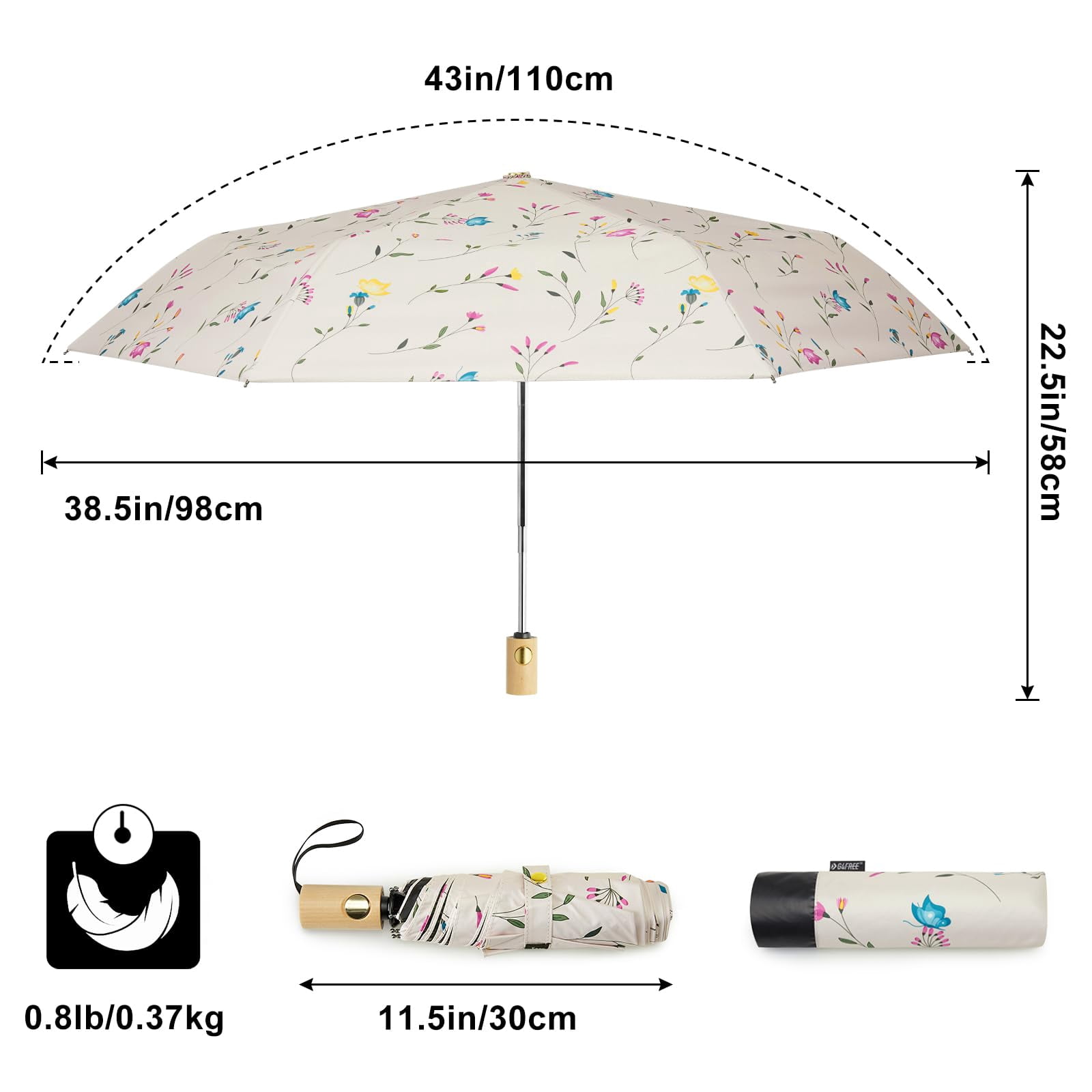 G4Free UPF 50+ UV Protection Travel Umbrella with Wooden Handle, 42 Inch Lightweight Sun Rain Folding Umbrellas Auto Open Close