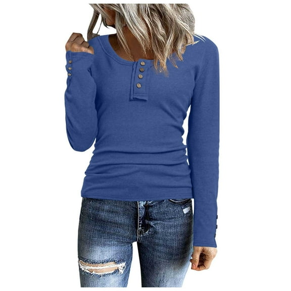 Women's T-Shirts Long Sleeve Button Down Slim Fit Neck Ribbed Knit Classic Tops for Casual Wear