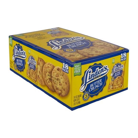 Linden BUTTER CRUNCH Cookies • 18 Packs • LARGE 3-Cookie Packs • Peanut & Tree-Nut Free • Soft & Crispy Sweet Snack • Lunchbox / Office / Vending BULK BOX