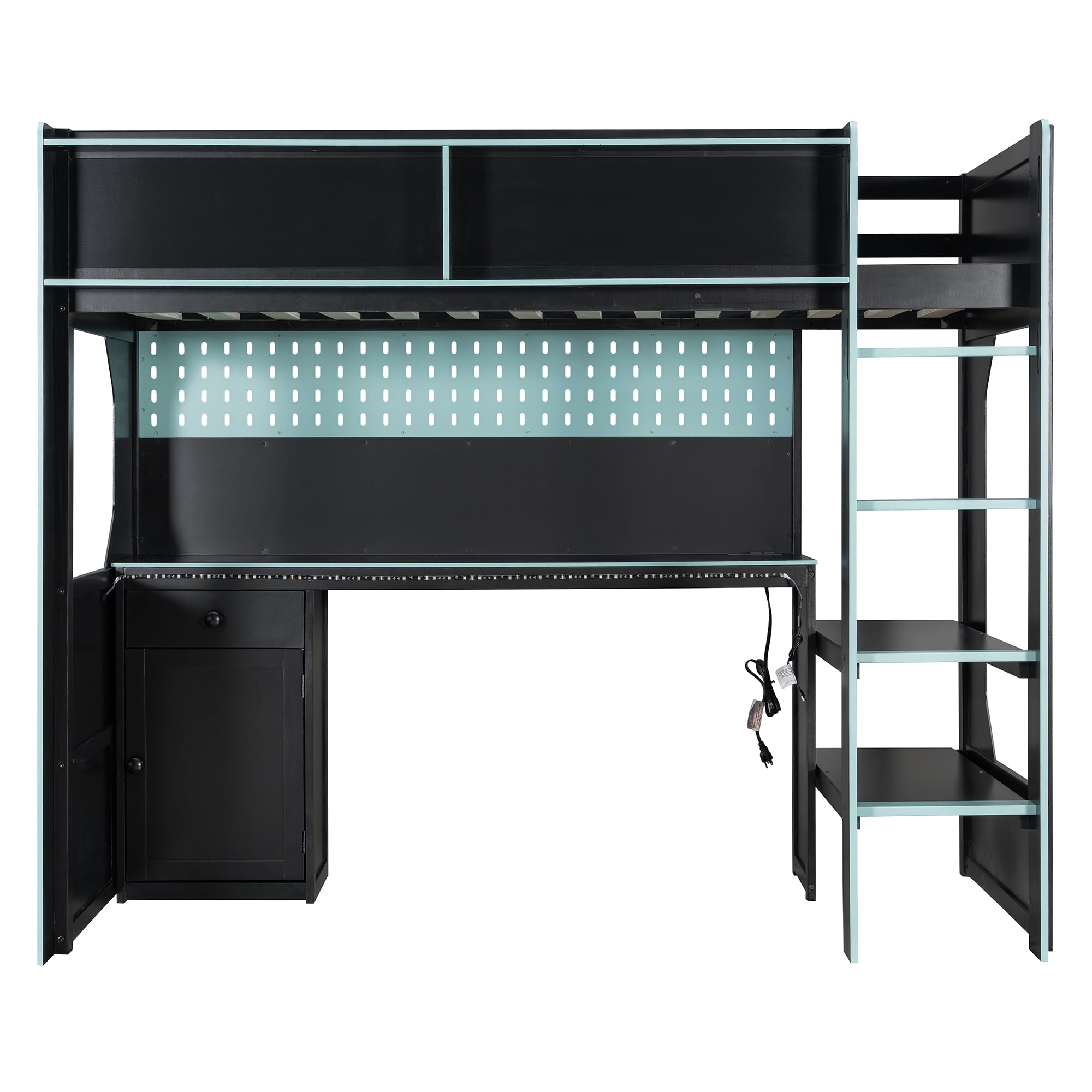 Aukfa Twin Size Gaming Loft Bed with Desk, LED Lights, Charging Station & Storage Shelves/Cabinet, Wooden Bed Frame for Kids, Black/Blue
