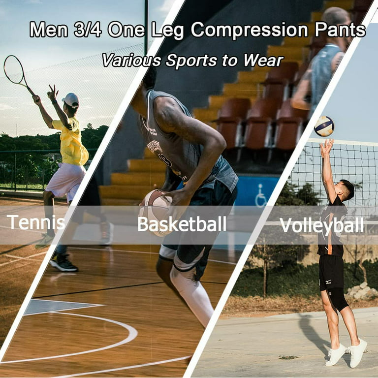 Elbourn 2PCS One Leg Compression Tights for Basketball Capri Tights 3/4 Compression  Pants Men Black(Short Right,L) 