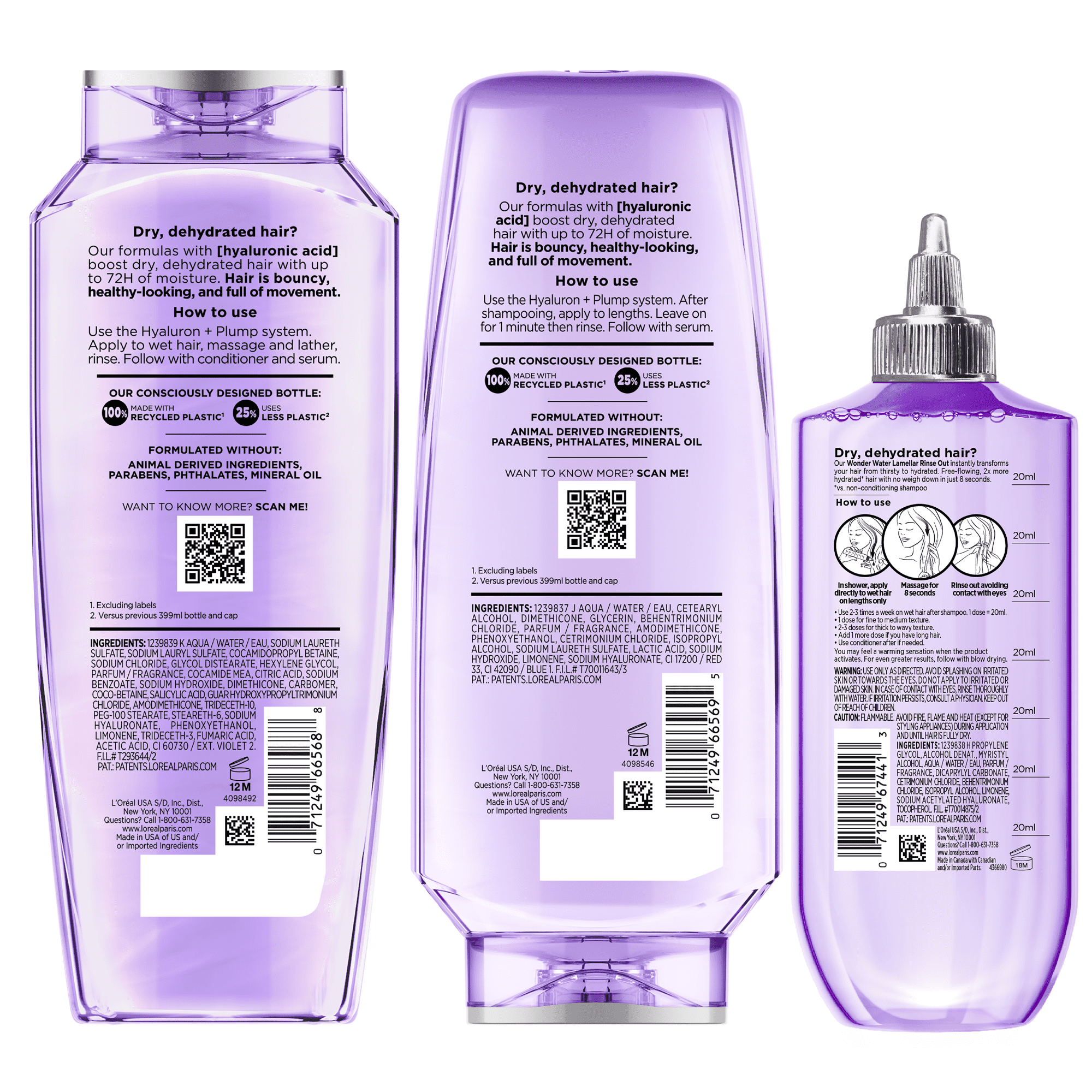 L'Oreal Paris Elvive Hyaluron Plump 72H Hydrating Shampoo, Conditioner, & Wonder Water Set, 13.5 fl oz