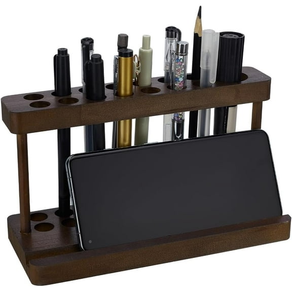 Pencil Pen Holder for Desk Pine Wood Pen Display Stand with 15 Slots and Cell Phone Rack Coconut Brown Aesthetic Pencil Organizer for Office Desk Decor Fountain Holders Brown