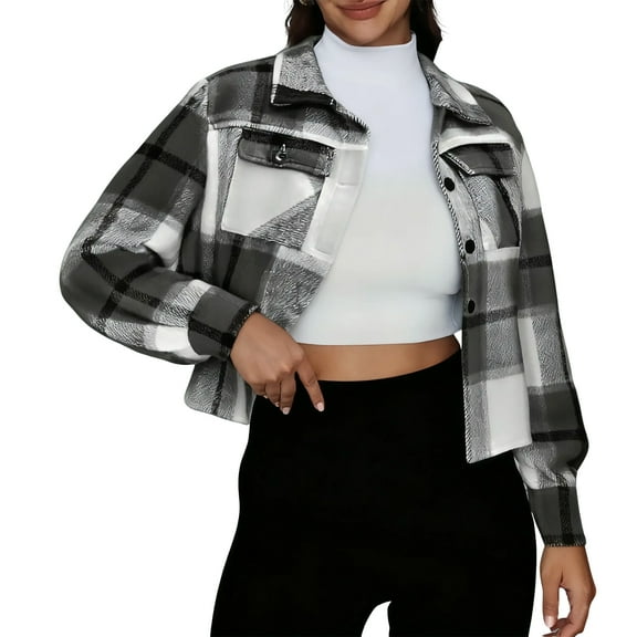 CharmCyan Women's Fashion Plaid Short Jacket Dark Gray L