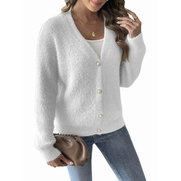 Womens Cardigan Sweater Fall Winter Fuzzy Button Up Long Sleeve V Neck Soft Chunky Knit Cardigan White S