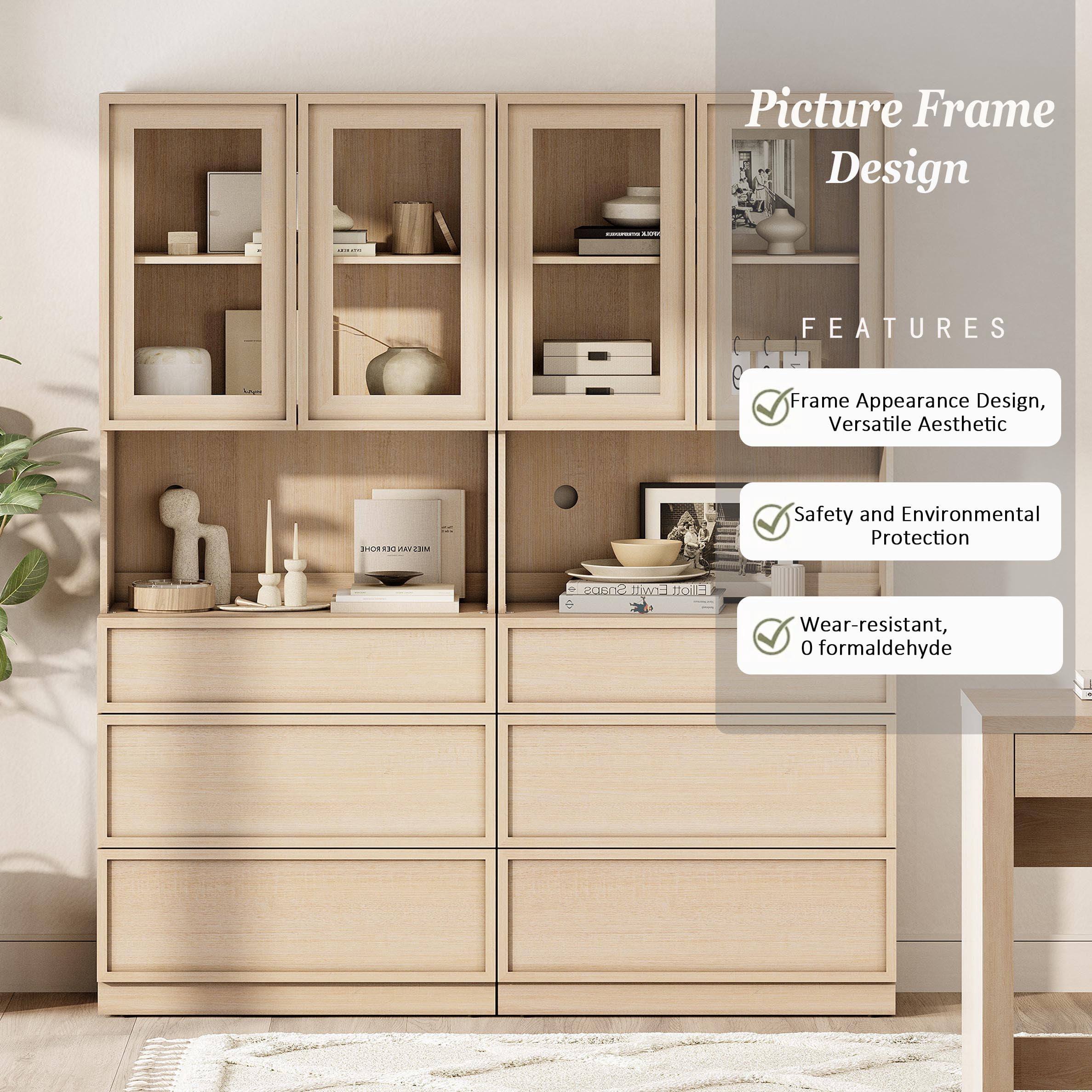 Modern 72" Tall Bookshelf with 6 Drawers and Book Shelves, Library Bookcase with Storage Cabinet and Glass Display Shelves,Beige
