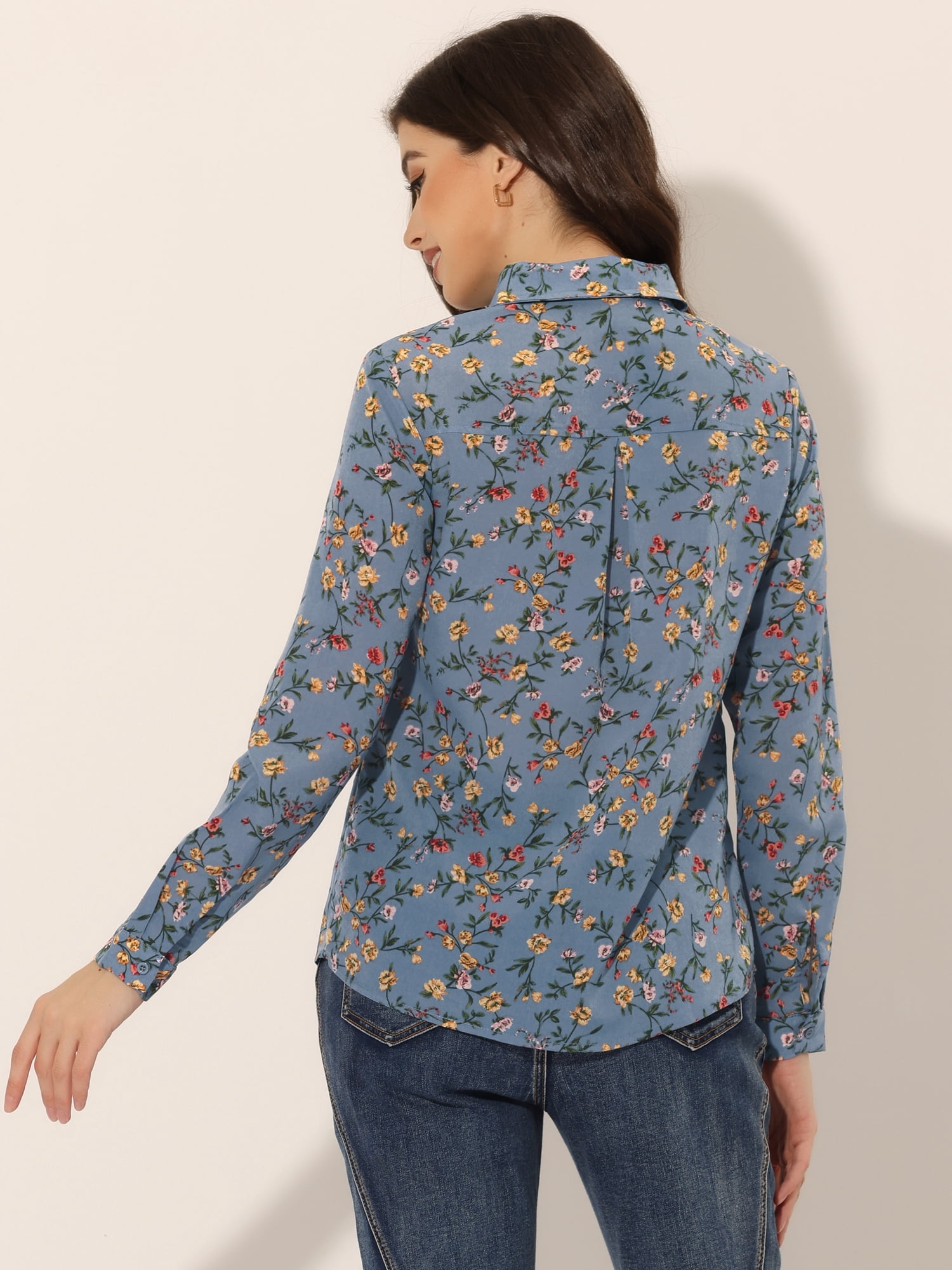 DARING DIVA Women's Button Down Long Sleeve Point Collar Blouse 2XL Gray-Yellow Floral