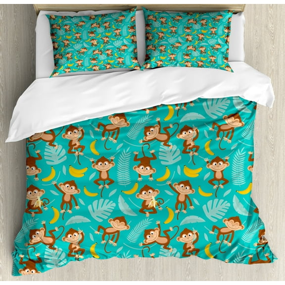 Cartoon Duvet Cover Set, Funny Monkeys on Exotic Rainforest Tree Branches Banana Fruits Pattern, Decorative 3 Piece Bedding Set with 2 Pillow Shams, Calking Size, Turquoise and Chocolate, by Ambesonne