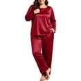 thumbnail image 5 of SHTXOZHI Women's Plus Size Satin Pajamas Set Long Sleeve Long Sleepwear Elastic Loose Loungewear Solid Color Homewear, 5 of 9