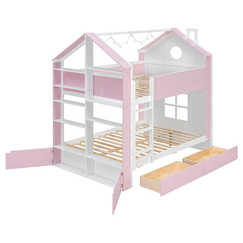 Full Over Full Bunk Bed with Storage Drawers and Shelves, Modern Two-Tone Wood Bunk Bed with LED Light Strip, Safety Guardrails and Ladder, Space-Saving Bed Frame for Kids, Teens