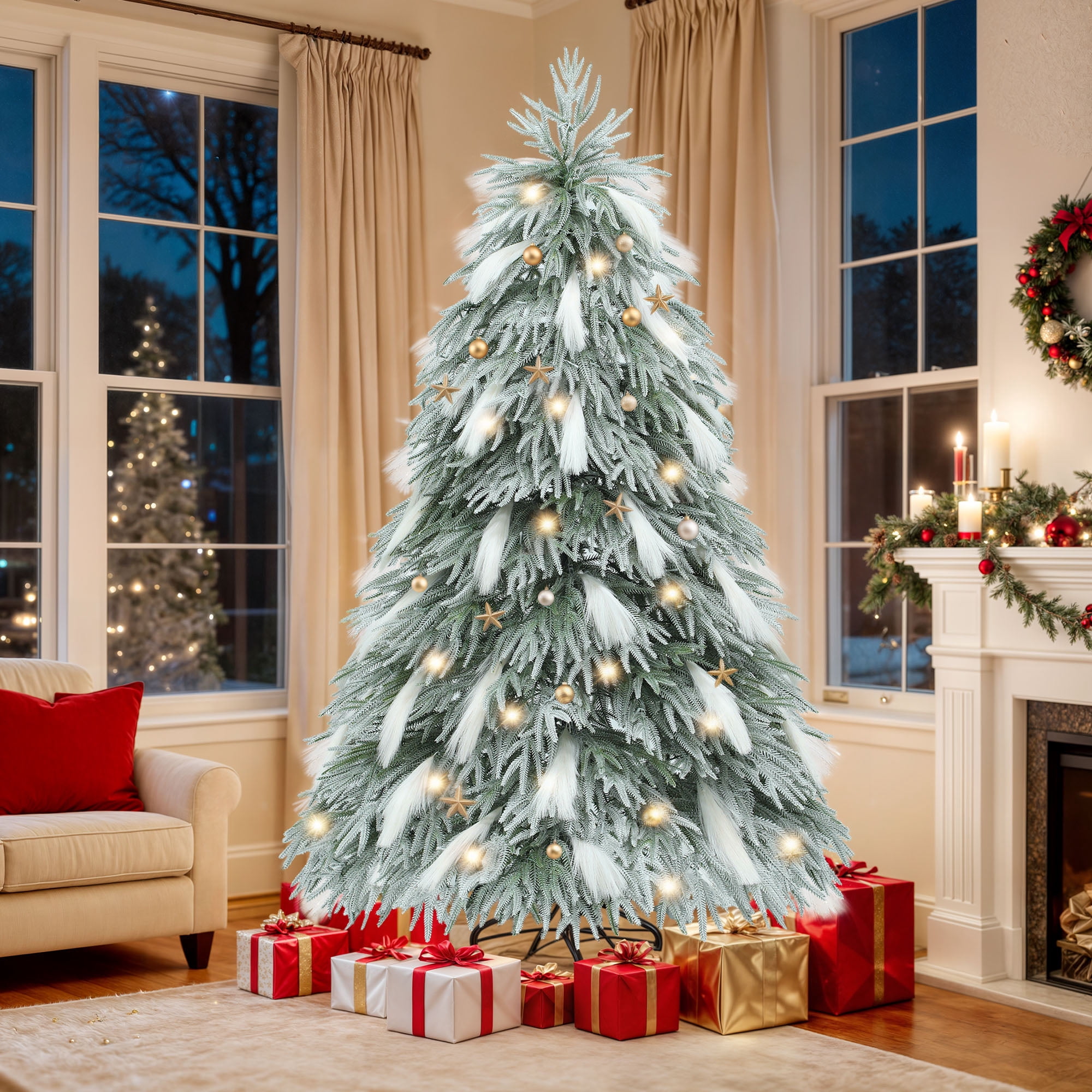 Uforic 6ft Pre-Lit Flocked Natural Drooping Pampas Christmas Tree with 30 Feathers, 355 Branch Tips and 400 Lights, for Home, Office, and Party Decor