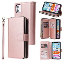 Feishell for Apple iPhone 11 (6.1 inch) Wallet Case for Women Men,Premium PU Leather Magnetic Clasp Zipper 9 Card Slots Folio Flip Holder Shockproof Purse Phone Case with Wrist Strap,Rosegold