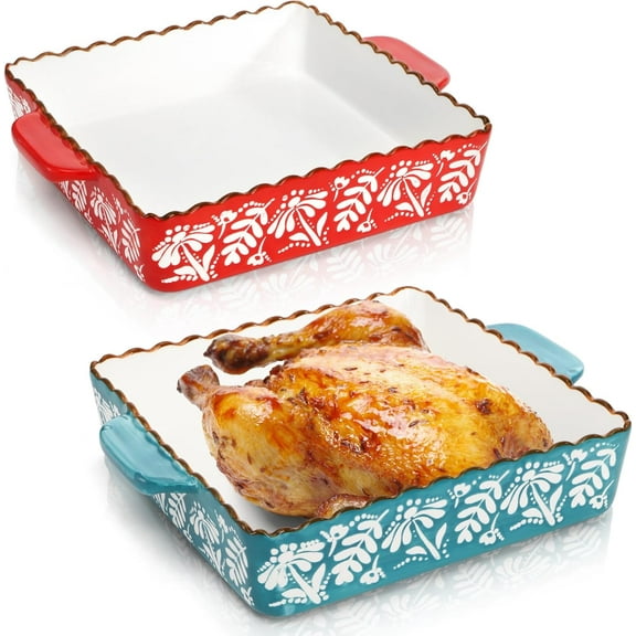 2 Pack Ceramic Baking Dish, 9 x 9 inch Porcelain Square Bakeware with Double Handle, Lasagna Pan Bakeware Baking Cookware for Cooking, Cakes, Roasting Family Dinner