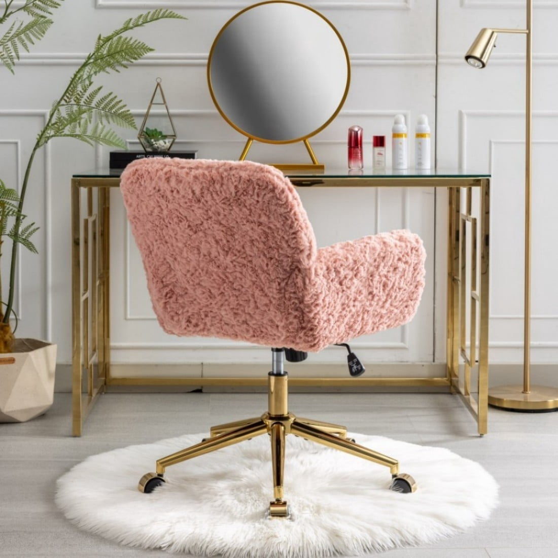 Office Chair, Faux Rabbit Fur Home Office Desk Chair with Golden Metal Base, Adjustable Height, 360° Swivel Reclining Vanity Chair, Pink