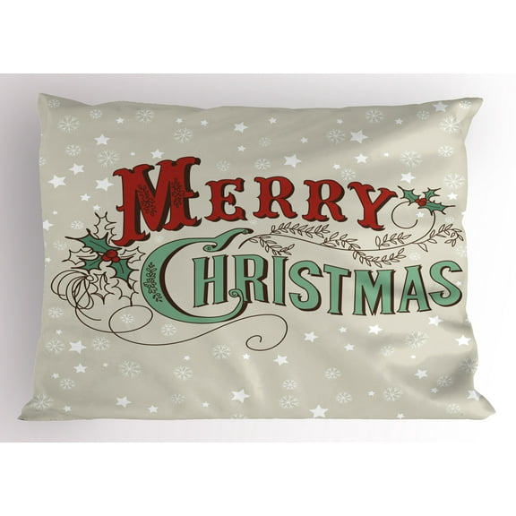Christmas Pillow Sham Stars and Snowflakes Backdrop with Stylized Retro Lettering, Decorative Standard Size Printed Pillowcase, 26 X 20 Inches, Almond Green Red Pale Grey, by Ambesonne