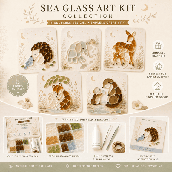 DIY Sea Glass Art Kit, Cute Animal Mosaic Craft Kit for Adults Beginners, 3D Glass Art Set with Adhesive Tweezers Guide and Easel, Handmade Tabletop Decor Gift
