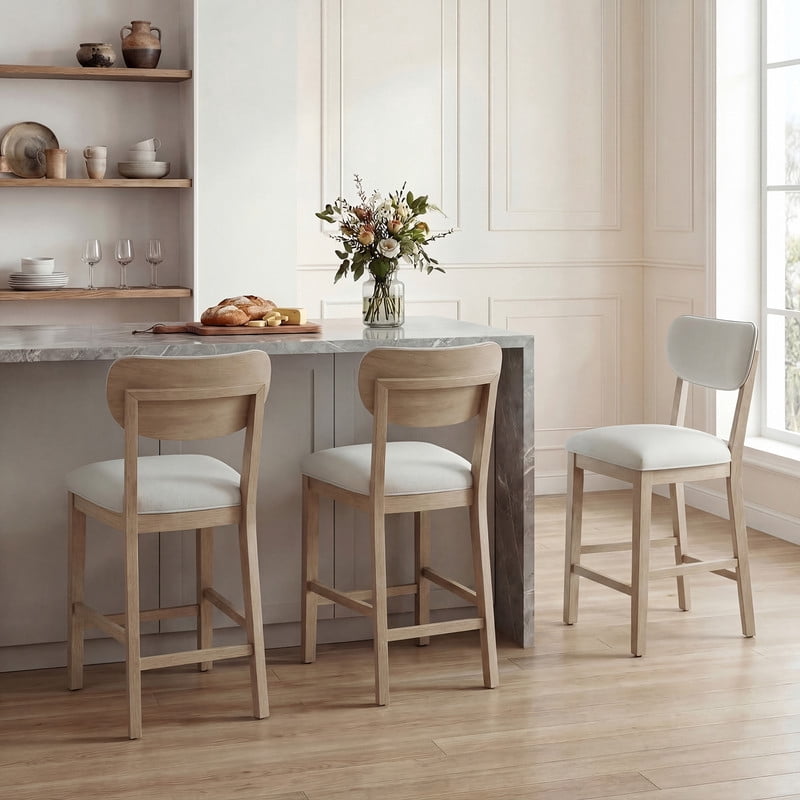 COLAMY Set of 4 Counter Height Bar Stools, Solid Wood Upholstered Barstools with Backrest, Modern Farmhouse Fabric Kitchen Island Stools，Natural