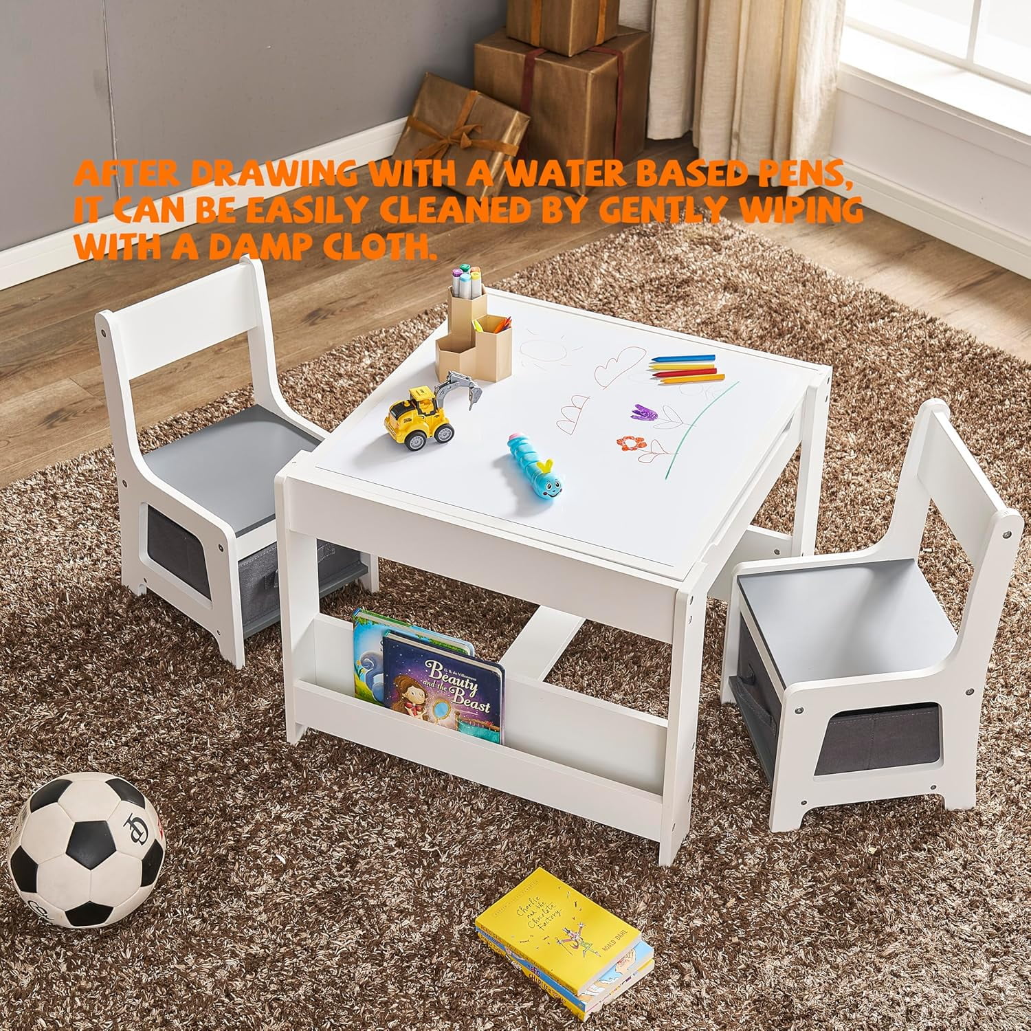 Kids Table and Chair Set, 4 in 1 Wooden Activity Table with Bookshelves and Storage Drawer, 2 in 1 Detachable Tabletop Construction Play Table Set for Toddlers Drawing, Reading