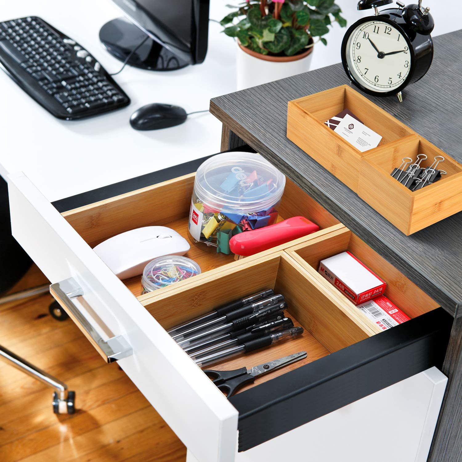 Office 5-Pc for Kitchen Bamboo Drawer Organizer Storage Box Bathroom Bin Set 