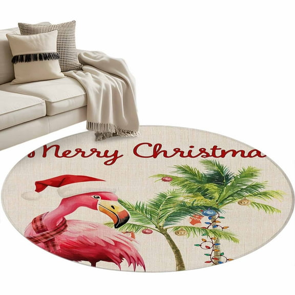 Christmas Flamingos Round Area Rug 4 FT, Non Slip Indoor Outdoor Rug, Xmas Balls Tree Rustic Washable Soft Circular Carpet Non-Shedding Floor Mat for Coffee Table Nursery Foyer Balcony