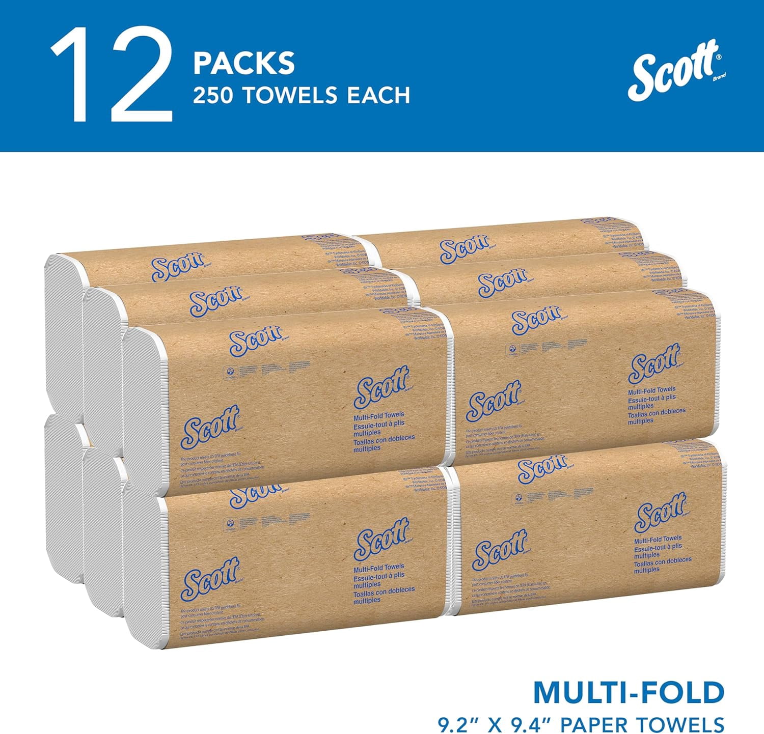 Universal Multifold Paper Towels, Bulk (58091), Absorbency Pockets, White, 9.2"x9.4" Towel, Compressed, Compact Case (250 Sheets/Pack, 12 Packs/Case, 3,000 Sheet Total)