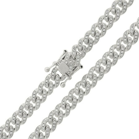 .925 Sterling Silver 9mm CZ Iced Out Miami Cuban Curb Link Bling Chain Necklace Rhodium Plated