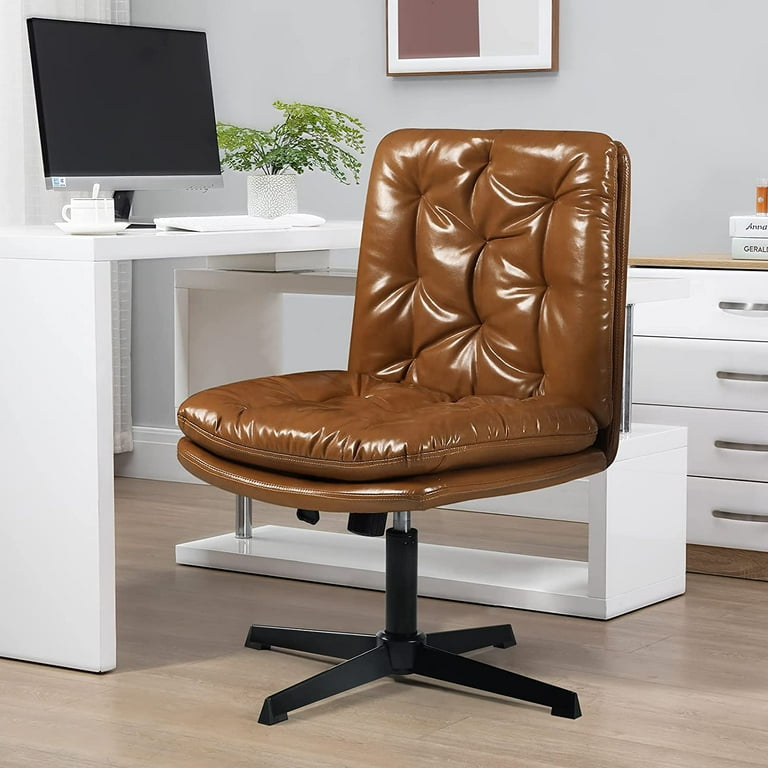 LEMBERI PU Leather Armless Office Desk Chair No Wheels,Criss Cross Legged  Home Office Wide Padded Swivel Vanity Chair,120°Rocking Mid Back Ergonomic