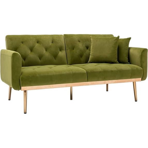 63" Loveseat Sofa Accent Sofa, Mid Century Modern Velvet Fabric Couch, Convertible Futon Sofa Bed ,Recliner Couch Accent Sofa Loveseat Sofa with Gold Metal Feet (Olive)