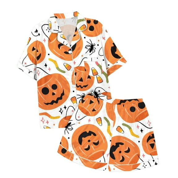 WhouRiu Toddler Girls Pajama Sets Halloween Print Short Sleeve Top and Shorts Kids Summer Sleepwear Pajamasts Blue,Sizes 12-13