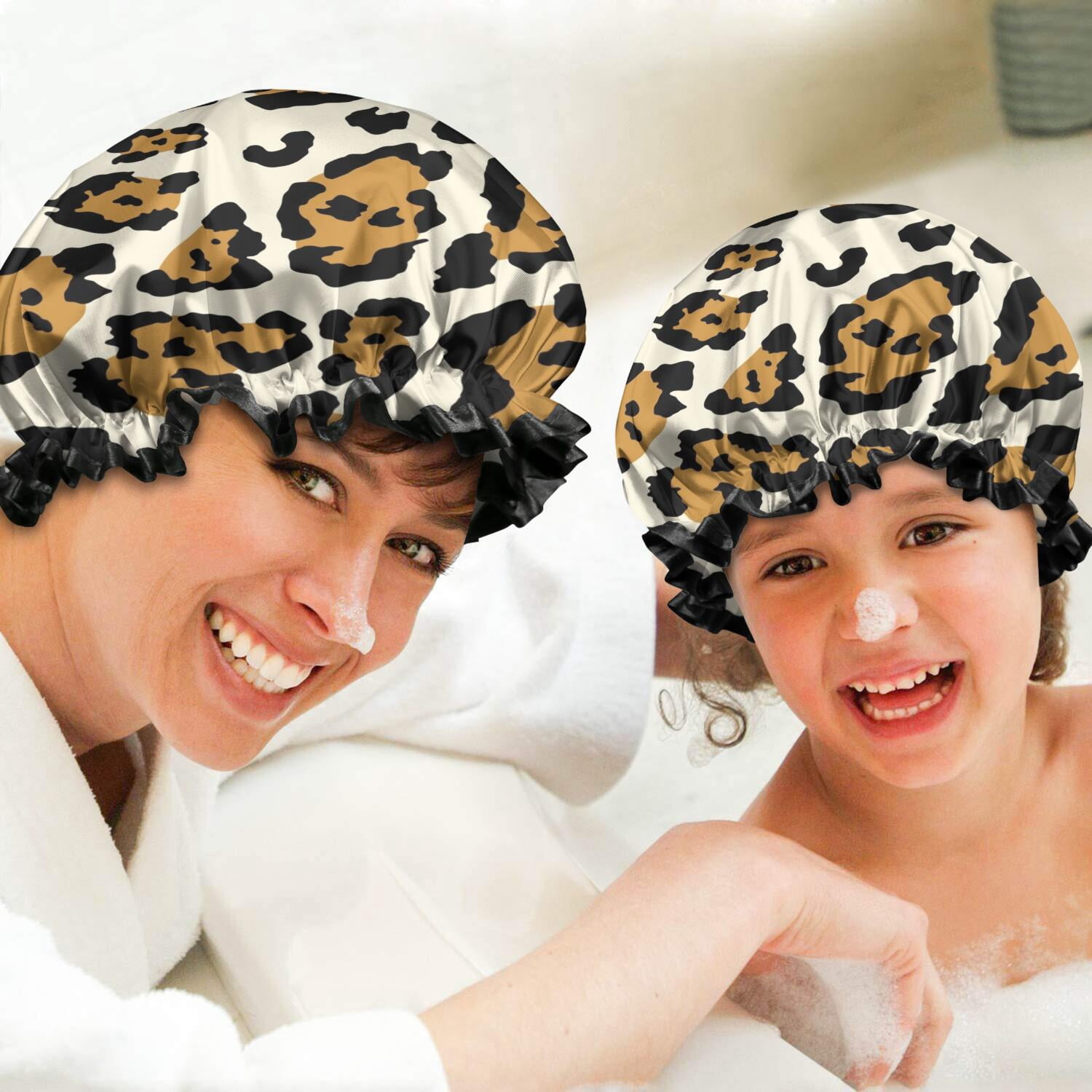 Shower Caps,Beige and Black Of Leopard Print Waterproof Shower Cap for Women 4 Pieces,Double Reusable Hair Cover for Shower PEVA Elastic Stretch Hem
