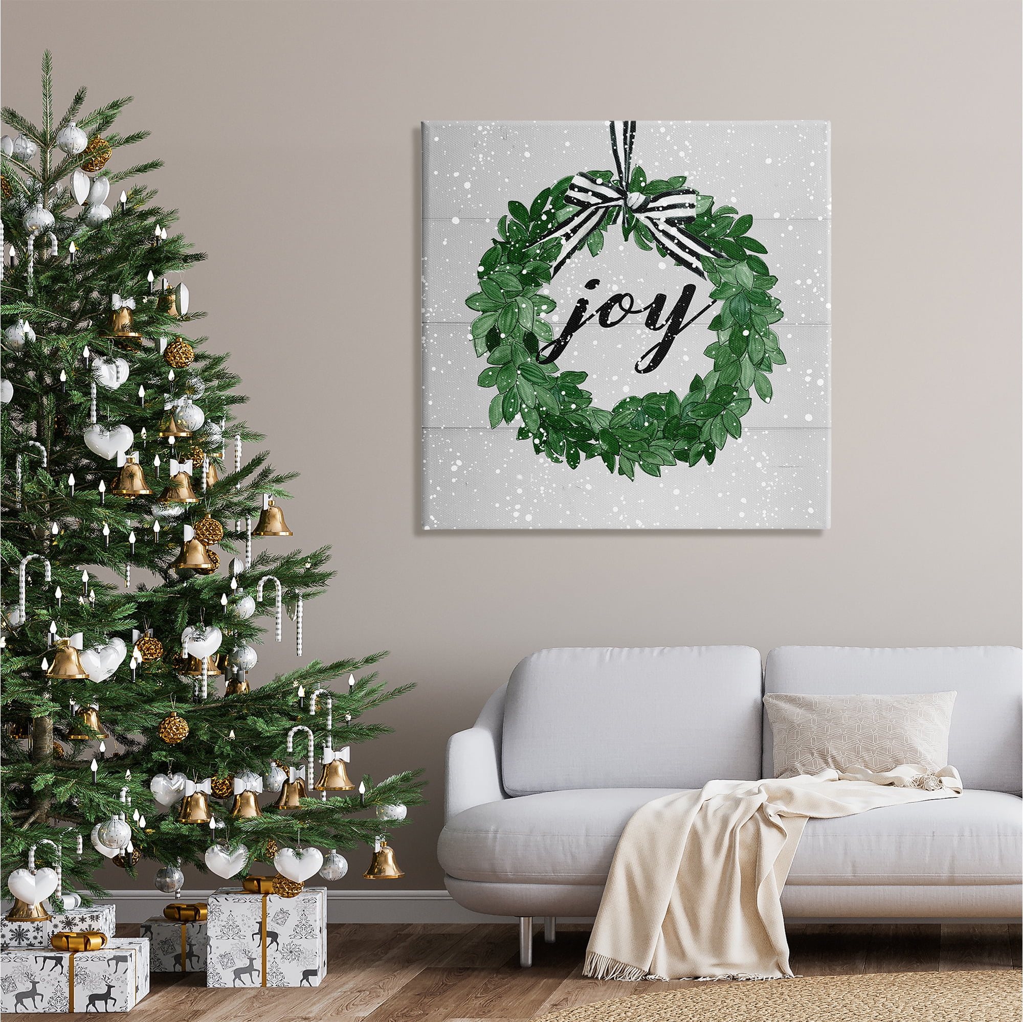 Stupell Industries Joy Wreath with Snow Holiday Painting Gallery Wrapped Canvas Print Wall Art, 36 x 36