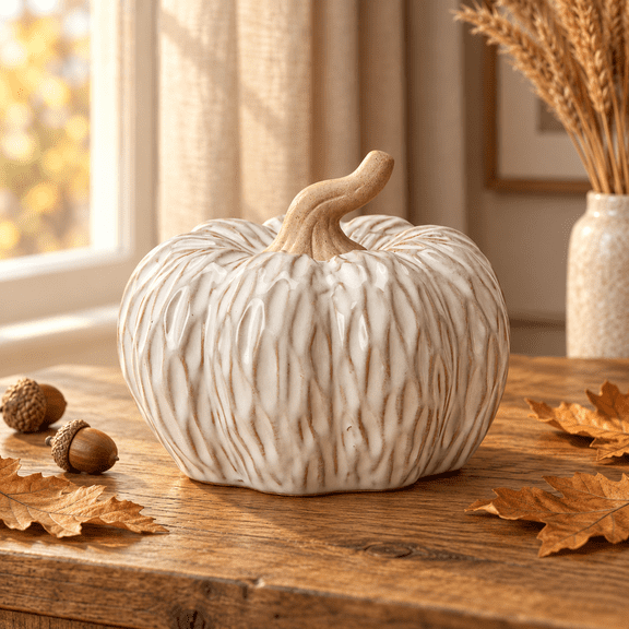 Cream Embossed Ceramic Pumpkin Set, 2 Sizes Distressed Textured Pumpkin Sculptures, Rustic Seasonal Table Centerpiece Ornament for Fall Thanksgiving Halloween Indoor Home Tabletop Display
