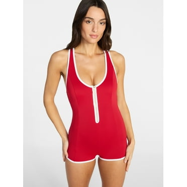 Time and Tru Women's and Women's Plus Size Zip Front Tank Romper Swimsuit, Sizes XS-3X
